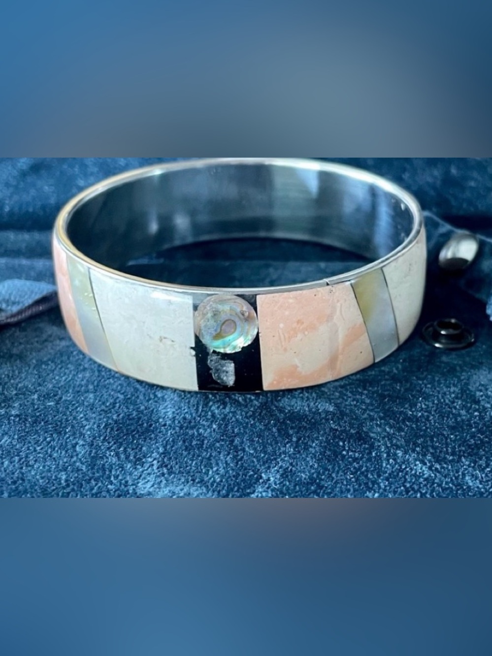 Vintage Mother of Pearl, Shell and Onyx Inlay on Silver Bracelet MCM